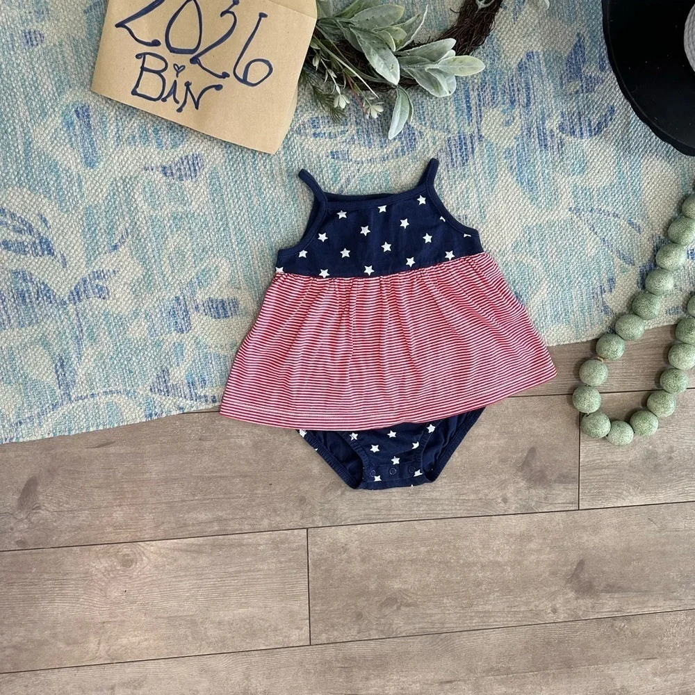 New Carter's Baby Toddler Girls American Flag Cotton Romper Dress Patriotic